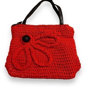 90s Crochet Shoulder Bag Top Handles Zip Closure Boho Orange 11" x 9" Handmade